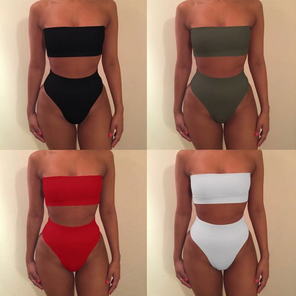 

eanvog fashion solid color two-piece swimming lingerie bra bikini split swimsuit, Red;black