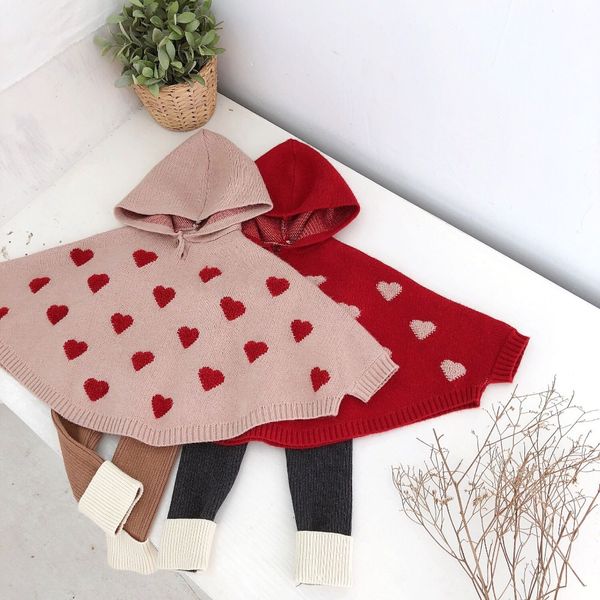 

retail sweet kids girls love crochet sweater capes poncho batwing sleeve with hats candy red beige color toddler baby jackets, Blue;gray