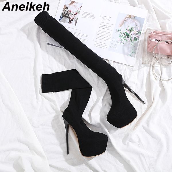 

aneikeh fashion elastic sock boots 17cm high heels stretch women spring/autumn round head over-the-knee booties women pumps, Black