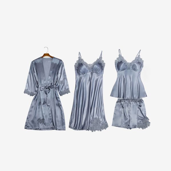 

new pijama mujer women silk pajamas soft nightwear home clothes pijama pyjama femme satin lingerie night suit sleep wear, Blue;gray