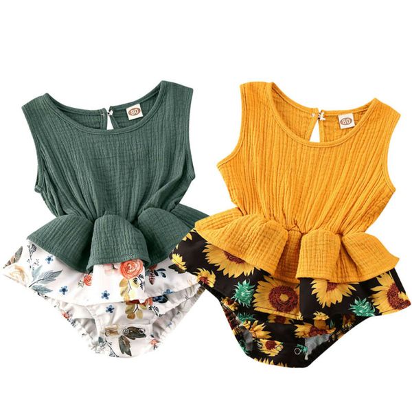 

new baby bodysuits toddler baby girl cotton linen sunflower sleeveless bodysuit jumpsuit summer girls clothes, Blue