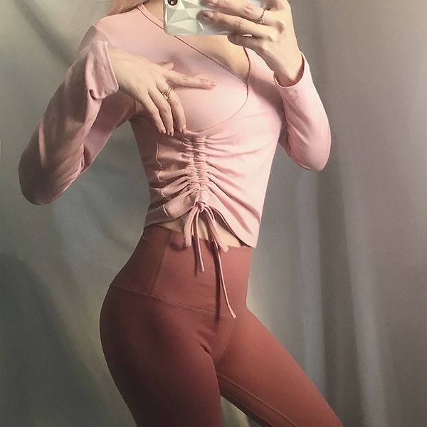 

zroadlop women's pink seamless long sleeve crop yoga shirts drawstring running fitness workout seamless women t shirts, White;red