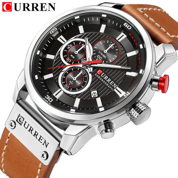 

curren men sport watches men's quartz clock leather strap waterproof date wristwatch reloj hombre, Slivery;brown
