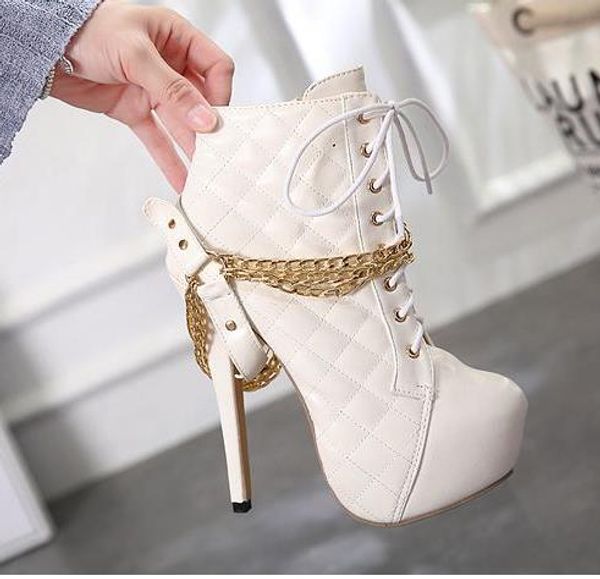 

14cm white black leather pu gold chain grid designer boots platform high heels boots women shoes size 35 to 40