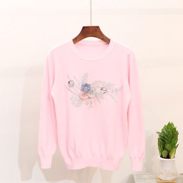 

korean style spring autumn new beading sequin flower sweater women knit o-neck long sleeve knitted jumpers ladies pullover, White;black