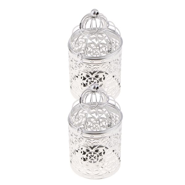 

2pcs electroplated metal birdcage shape tea light candle holder hollowed flower pattern candlestick, 3.15 x 5.51inch silver