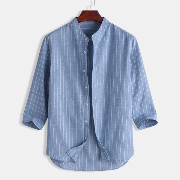 

camisa masculina men's shirt chemise summer casual striped stand collar 7 points sleeve button cotton shirt hawaiian, White;black