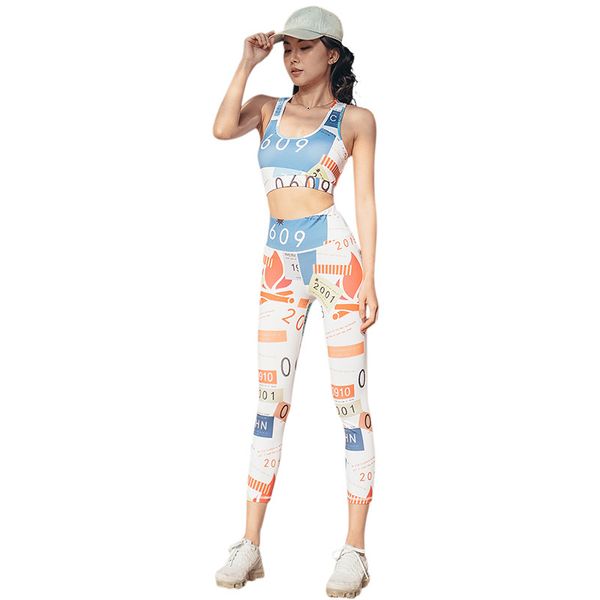 

women's digital print yoga set gym fitness running set color stitching sports suit high waist hip yoga pants+ beauty back top, White;red