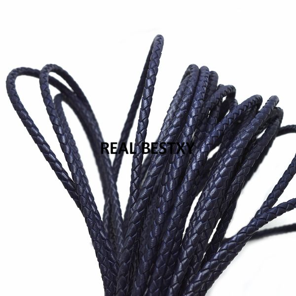 

2m/lot approx 4mm navy round genuine braided leather cord real cow leather cords string rope bracelet findings jewelry making, Blue;slivery