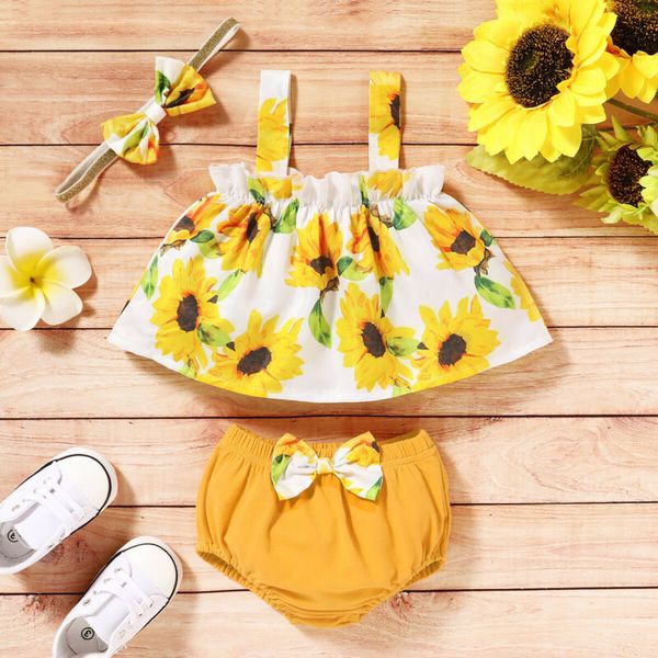

3pcs newborn baby girl floral sling sun flower print vest +shorts +headband outfits clothes 0-18m, White