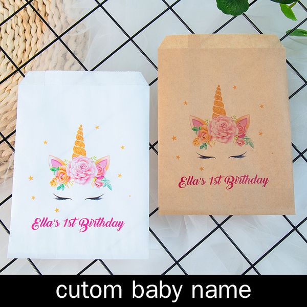 

personalised baby name & unicorn popcorn candy buffet cookie desserts treat bags customized girl's birthday party favors