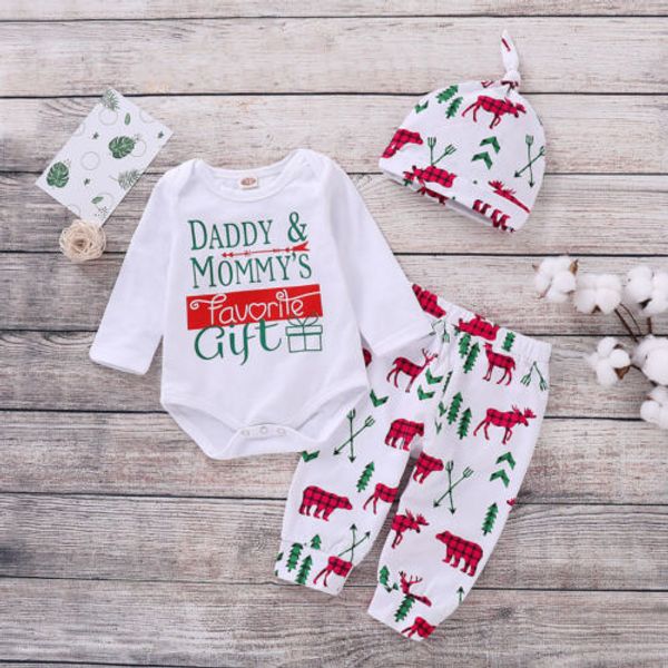 

3pcs christmas newborn baby boy girl letter cotton romper +long pants+hat outfits set bodysuits 0-24m spring sunsuit, White