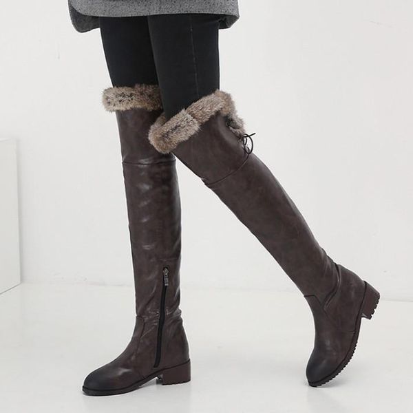 

leather women snow boots 2019 winter thick plush warm thigh high boots for woman winter shoes heels long boot ladies shoes, Black