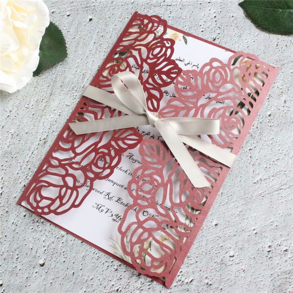 

rose laser cut invitations leaf lace burgundy wedding card paper 50pcs