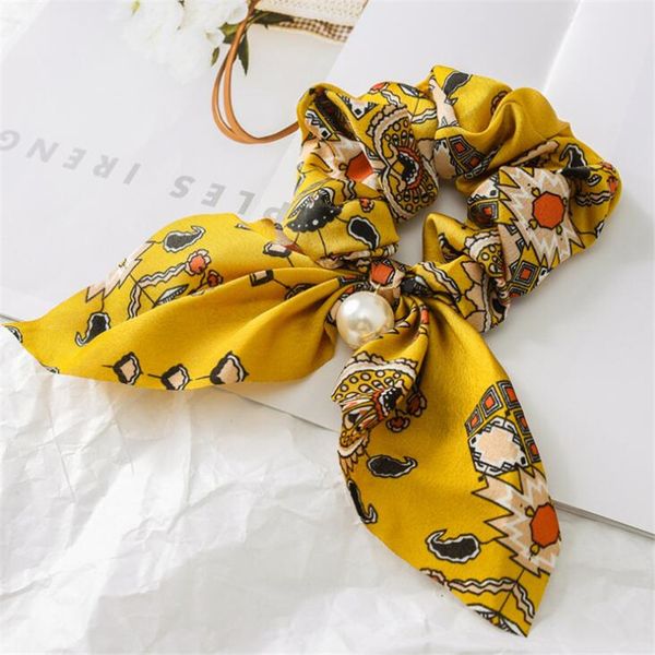

2020 new bowknot silk hair scrunchies women pearl holder hair tie rope rubber bands accessories, Golden;white