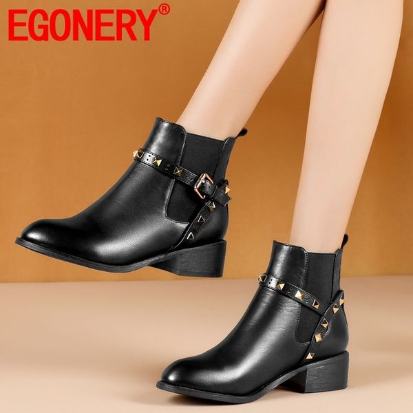

egonery winter new concise ankle boots outside mid heels rivet round toe genuine leather women shoes drop shipping size 32-45, Black