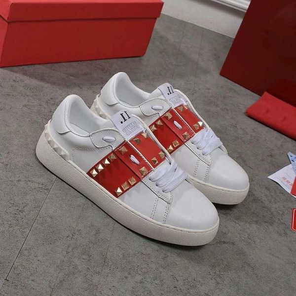 

luxury popular leather casual shoes women men designer sneakers fashion open lace up casual shoes, White;red