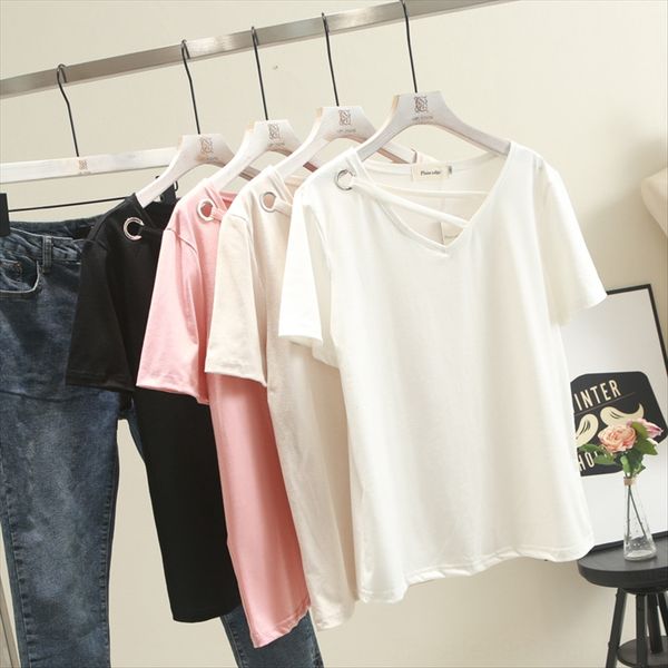 

2019200 fat mm loose umbrella v-neck large size women's short-sleeved t- shirt half-sleeved shirt top, White