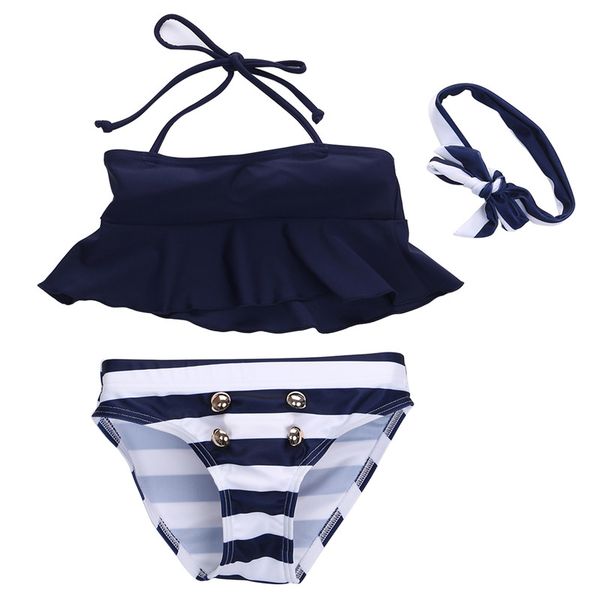 

3-7t girls swimsuits 3pcs/set striped sailor child bikini 2019 solid blue sling swimsuit baby girls swimwear bathing suitsg