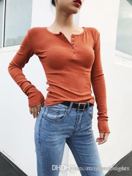 

womens tshirts crew neck button long sleeve solid color button female clothing spring tees fashion style casual apparel, White