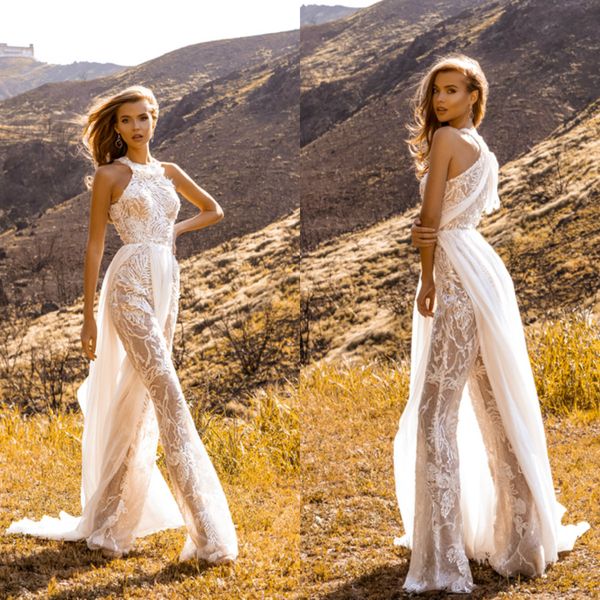 Crystal Design 2020 Abiti da sposa Tute sexy Applique in pizzo Paillettes Bohemian robes de mari￩e Chiffon Beach Abiti da sposa