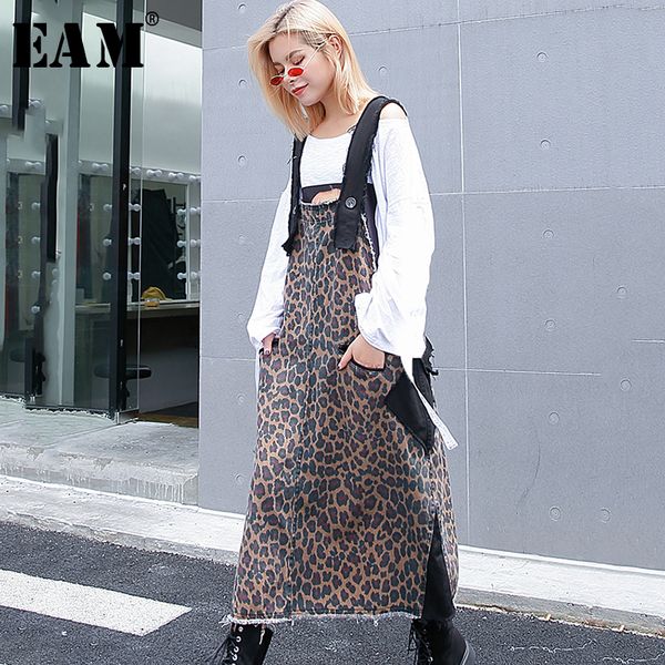 

eam] 2020 new spring summer strapless pattern printed holes pocket split joint loose long dress women fashion tide jg852, Black;gray