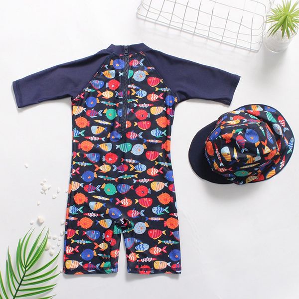 

long sleeve children kids boys girls cartoon fish print swimweart one piece swimsuit+hat swimwear sets in sports & entertainment, White