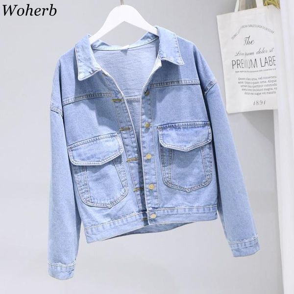 

woherb 2019 korean women basic denim jacket student short jean jackets coats loose casual outerwear bf long sleeves crop jacket, Black;brown