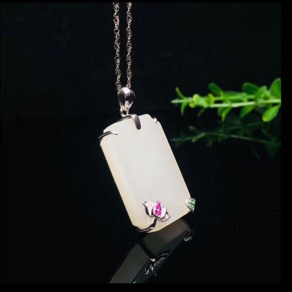 

благородный стерлингового серебра 925 хотан белый нефрит прямоугольник inlay циркон лаки ожерелье для женщин шарма ювелирных изделий, Silver