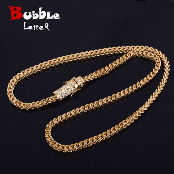 

30" men's hip hop necklace iced rhinestone clasp 6mm golden stainless steel franco cuban box chain link necklace jewelry, Silver