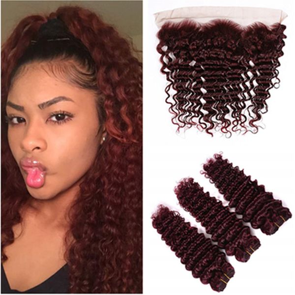 Wine Red Deep Wave Peruvian Human Hair 3bundles With Lace Frontal