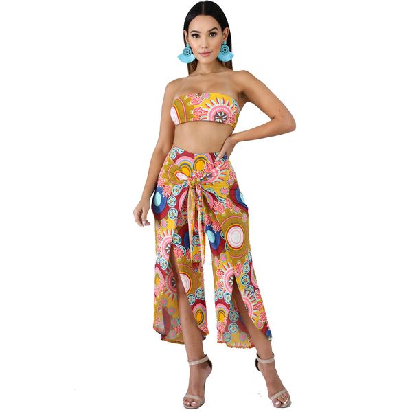 

женская одежда геометрические узоры печать бюстгальтер сплит брюки двухсекционный set, White