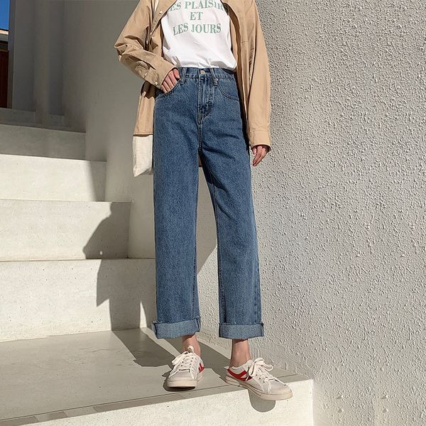 

high waist wide leg pants jeans woman summer 2019 student easy thin bf directly cuffless trousers you, Blue