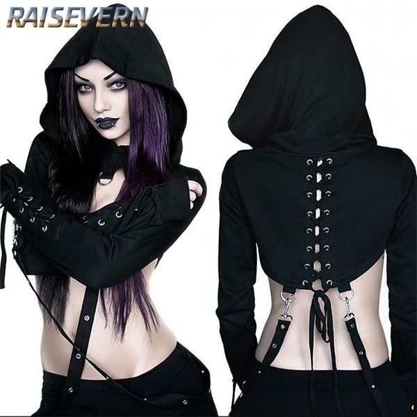 

raisevern black hoodie women long sleeve gothic short hoodies halloween fancy crop sweatshirt costumes female hooded 2019