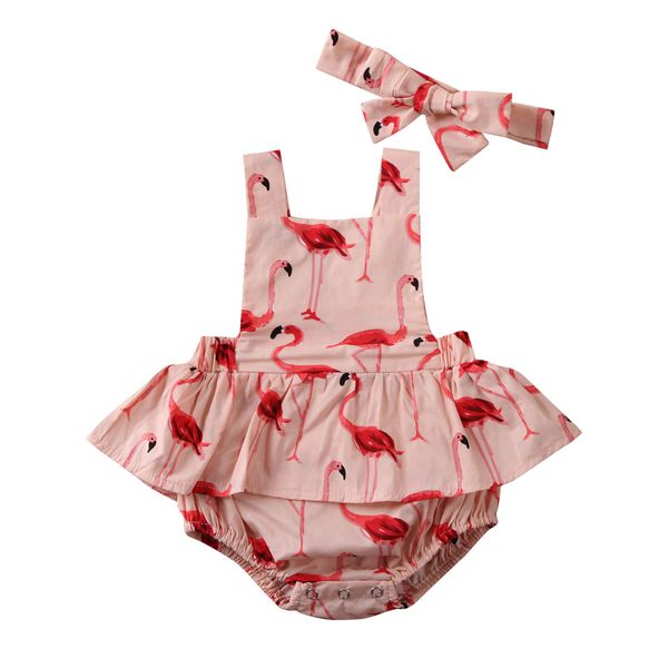 

2pcs newborn baby girl clothes print cotton jumpsuit bodysuit outfit ruffled flamingo sunsuit, White