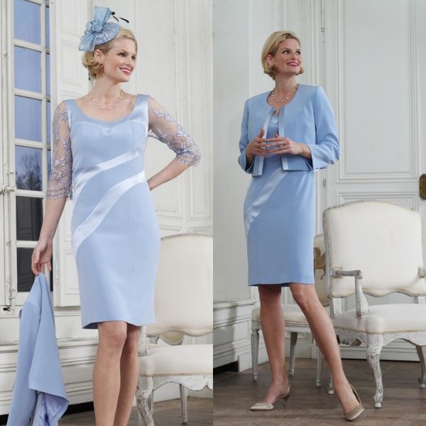 

elegant mother of the bride dresses with jacket long sleeves two pieces light blue wedding guest dress lace appliqued evening gowns, Black;red