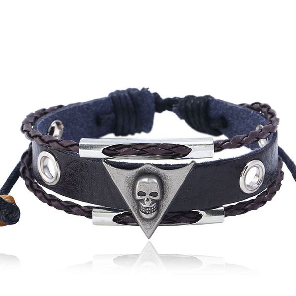

cross-border e-commerce braided leather bracelet wholesale men's jewelry alloy skull leather bracelet europe and america, Golden;silver