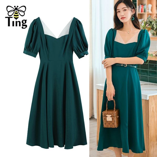 

casual dresses tingfly vintage elegant solf girl emerald green midi long dress summer square collar retro 90s a line skater kobieta sukie, Black;gray