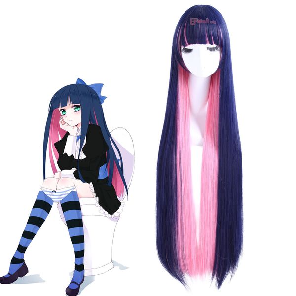 Meia-calça com garterbelt rosa azul longo cabelo liso anime perucas de cosplay