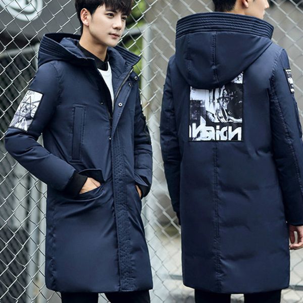 

30 degree winter down long jacket men printing patchwork hooded warm duck down coat male jacke men's clothing, Black