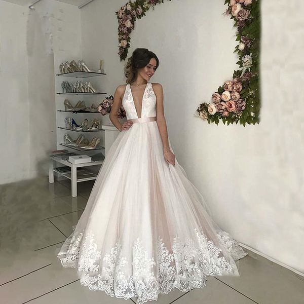 

V Neck Tulle Wedding Dresses A Line Cross Back Applique Floor Length Sweep Train Sleeveless Bridal Dress Vestido De Noiva