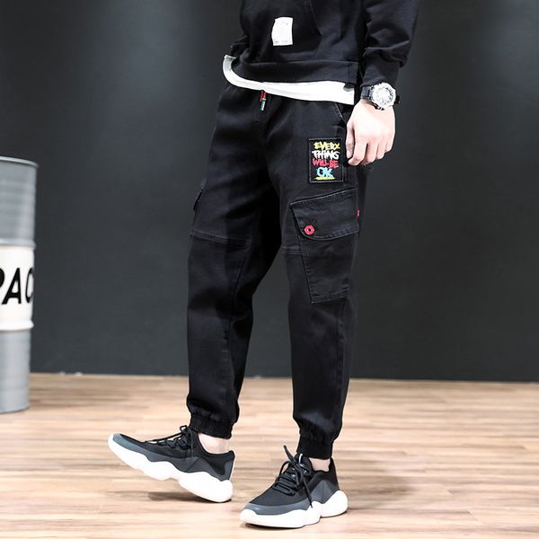 

#2135 spring mens denim cargo jeans elastic waist casual streetwear hip hop jeans men side pockets patchwork black cargo, Blue