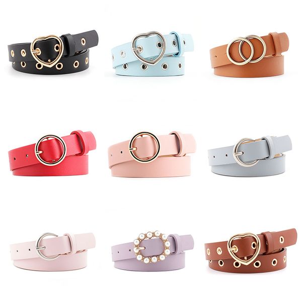 

fashion women pu leather belts heart pearl double ring buckle candy colors waist belt ladies leisure dress jeans wild waistband, Black;brown