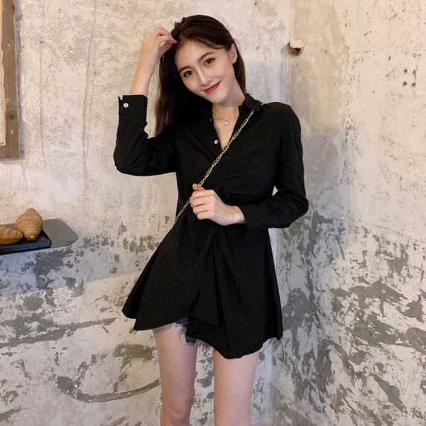 

nana fashion womens clothing store french minority design long-sleeved irregular shirt black romper skirt goddess fan