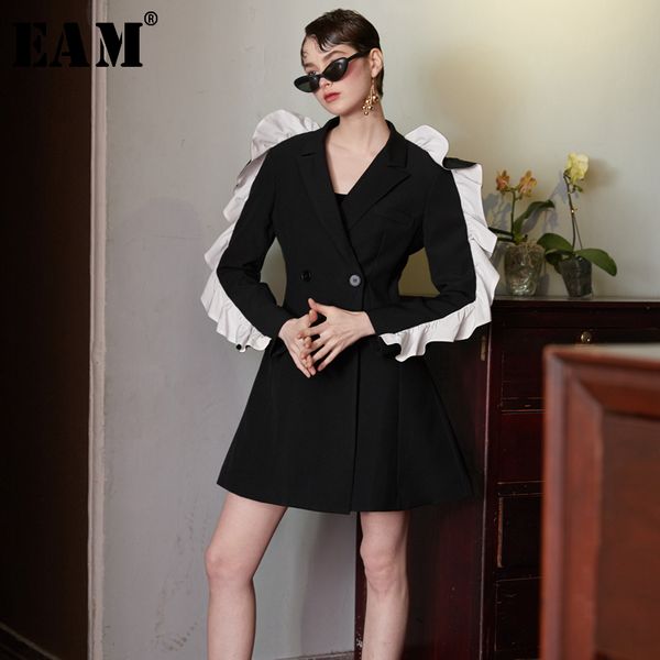 

eam] 2020 spring new fashion black solid button pockets ruffles long sleeve casual turn-down collar women coats ra150, Black;brown