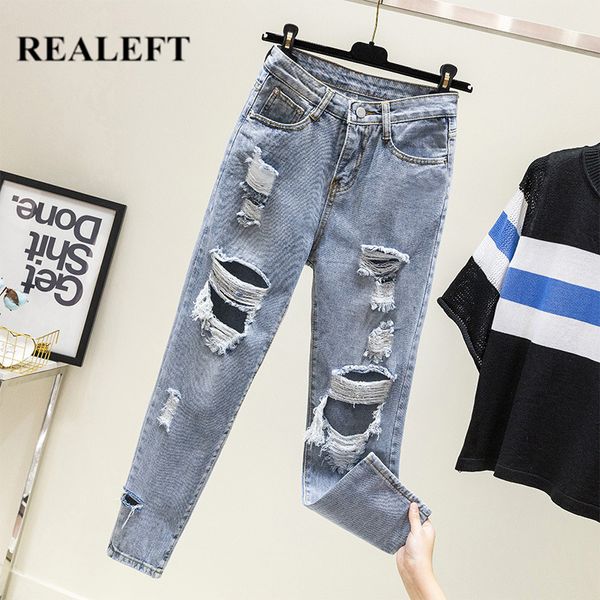 

realeft summer 2019 new arrival women denim pants high waist regular hole style ankle-length harem jeans pants for ladies, Blue