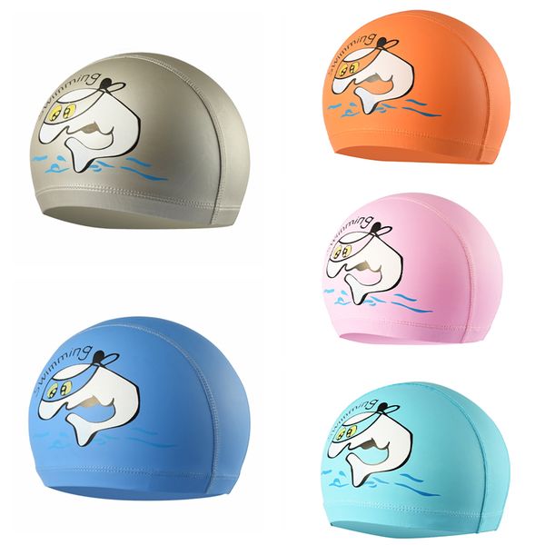 

n children cartoon swimming cap pu material waterproof swimming caps kids swim pool hats ear protector colorful baby diving hat