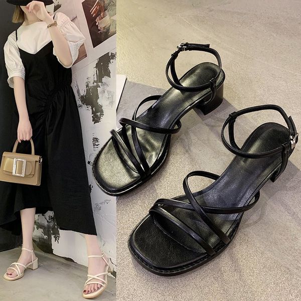 

roman sandals female shoe med fashion womens shoes 2020 all-match block heels buckle strap espadrilles platform gladiator, Black