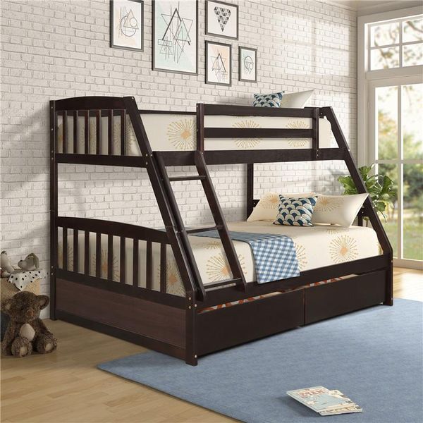 

solid wood twin over full bunk bed with two storage drawers espresso modern style in stock bed fast shipping