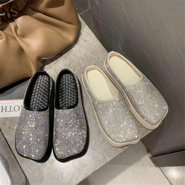 

2020 spring and autumn new style rhinestone ladies slippers square toe cover outdoor fashion leisure platform single shoes, Black